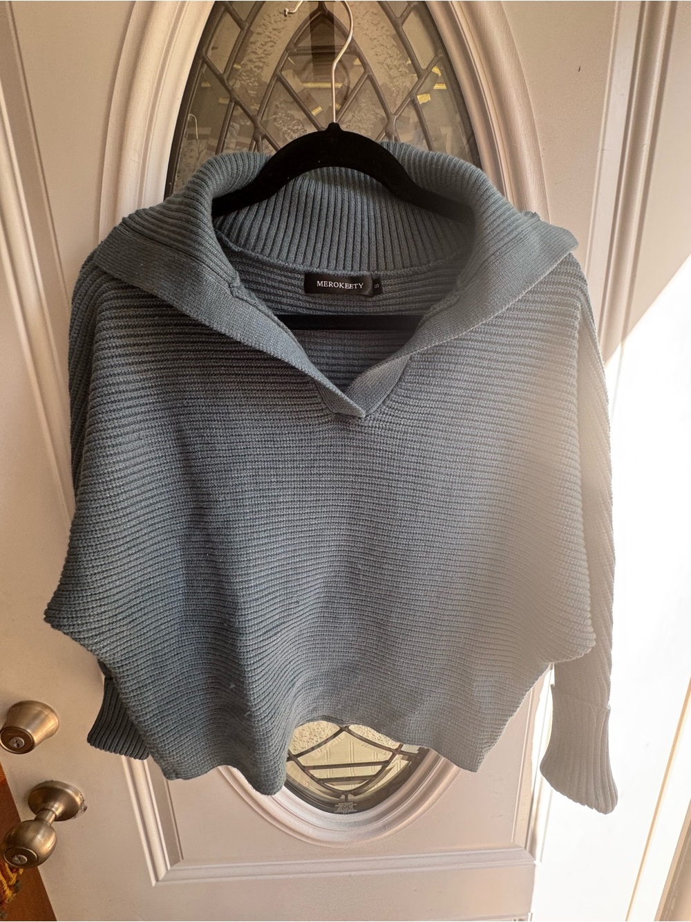 MEROKEETY Women’s S Dusty Blue Oversized Ribbed Cowl Neck Sweater